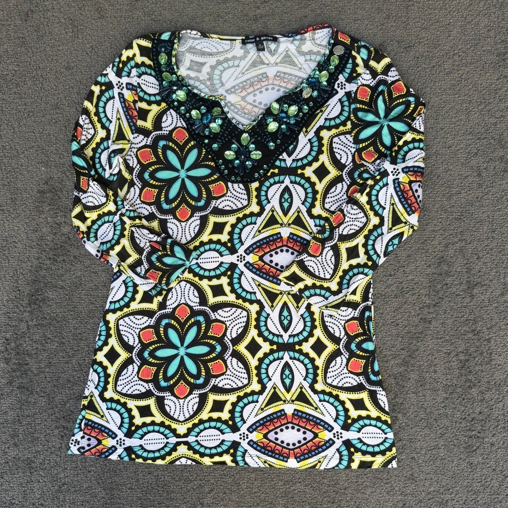 Cable & Gauge Womens Beaded V-Neck Kaleidoscope Print Long Sleeve Top Small